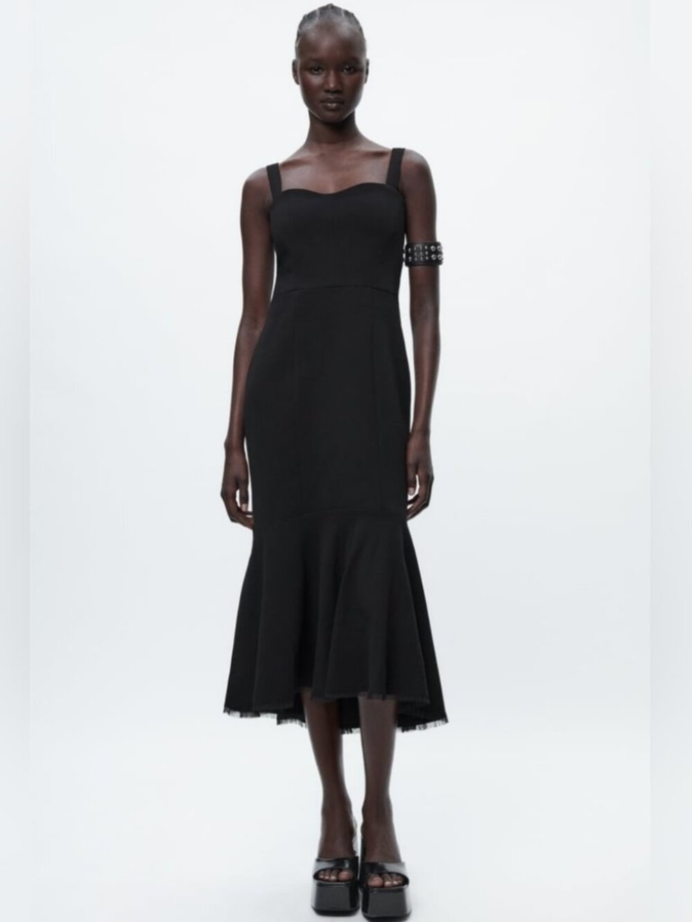 NEW Zara Black Mermaid Midi Ruffle Tiered Sleeveless Formal Cocktail Dress Small